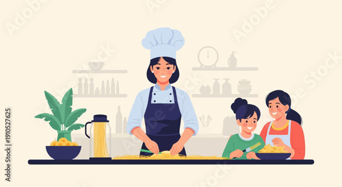 Family cooking spaghetti together in the kitchen