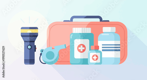 First aid kit, flashlight, whistle, and medicine bottles illustration