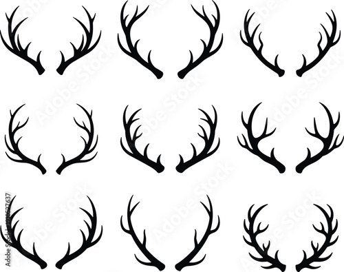 Antler silhouettes vector illustration with twelve unique branching designs, black icons arranged in grid layout for wildlife and decorative themes