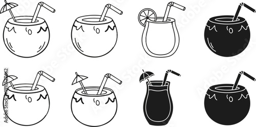 Eight tropical drinks including coconuts and a stemmed glass