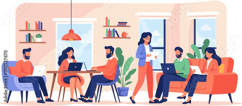 Diverse group of colleagues collaborate and work on laptops in a modern office