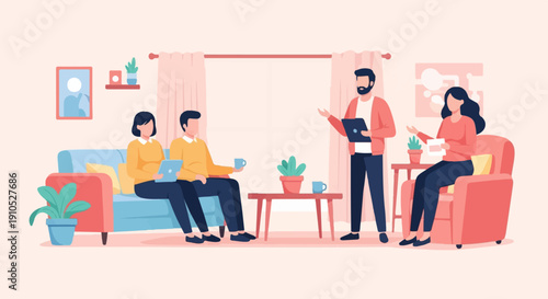 Diverse group in a living room setting, engaged in conversation