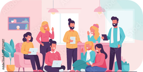 Diverse group of colleagues collaborating in a bright, modern office setting