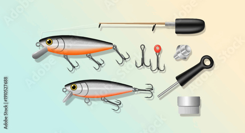 Fishing lures and tackle with rod and hooks on a light background
