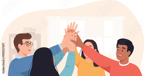 Diverse group of friends celebrating with a high five, teamwork, unity, joy