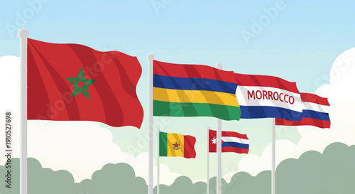 Diverse national flags flutter against a sky backdrop with clouds and greenery