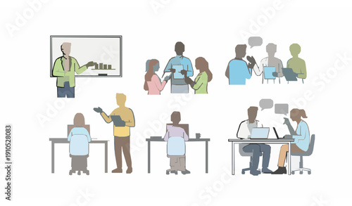 People working in office vector illustration in line art style for business concepts