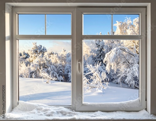 Wallpaper Mural Snowy landscape outside window. Frosty trees, blue sky, and a snow covered ledge Torontodigital.ca