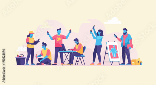 Diverse group of individuals engaged in creative activities, painting and working