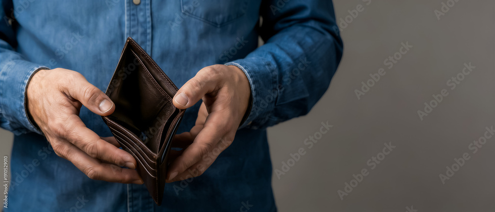 Fototapeta premium close-up of a man's hands showing an empty wallet; job loss and lack of money to pay expenses and rent; recession concept