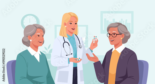 Doctor shows pills to elderly women in office