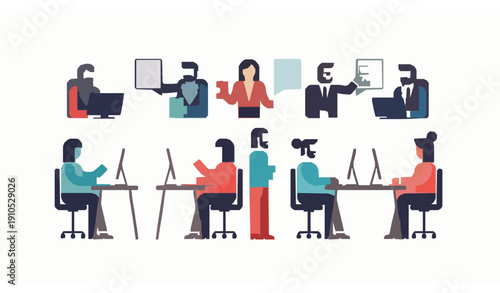 Modern office workers vector set with business collaboration and computer work