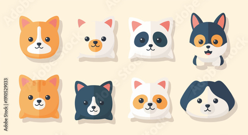 Eight adorable, stylized dog faces in various color patterns and expressions