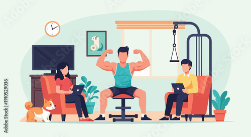 Diverse people and dog relax in living room with exercise equipment