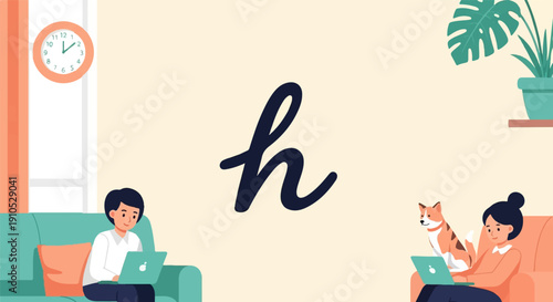 Diverse people and pets enjoy leisure time at home with laptops