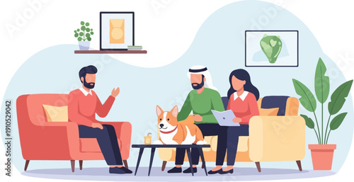 Diverse people and a dog in a comfortable living room