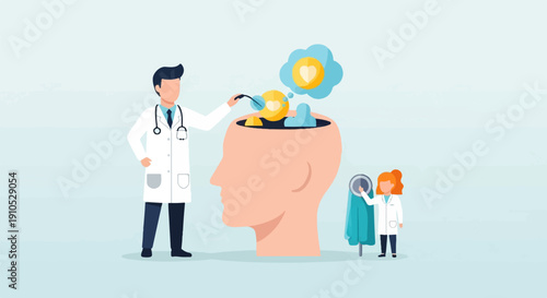 Doctors examine a giant head, symbolizing mental health care