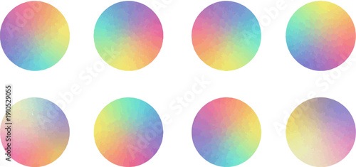 Eight abstract circular gradients with soft, blended colors ranging from yellow to purple