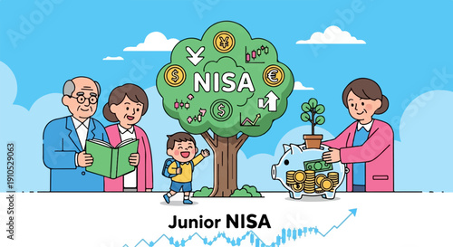 Family celebrates financial growth with tree of money and piggy bank