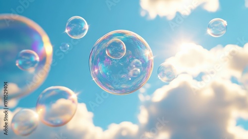 Iridescent soap bubbles floating against a bright blue sky with fluffy clouds and warm sunlight, evoking playful wonder and serene joy
