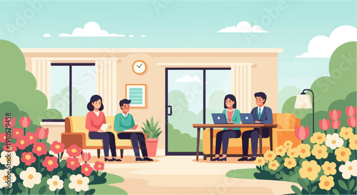 Diverse people collaborate outdoors near a home, surrounded by vibrant flowers and green trees