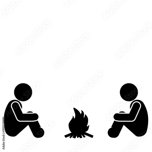 Stick figure sitting in front of campfire at night