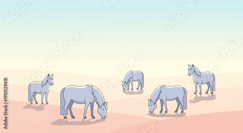 Five pale blue horses graze on a pastel landscape under a gradient sky