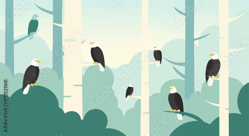 Eagles perch on branches in a stylized, muted forest setting