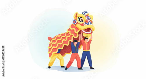 Dynamic lion dance performance with three figures in colorful costumes