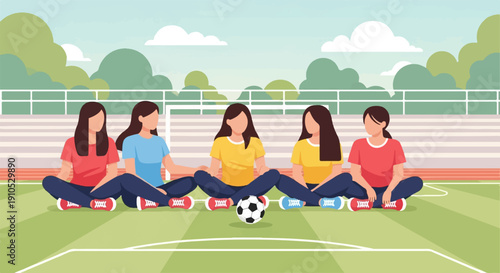 Five young women sit cross-legged on a sports field with a soccer ball