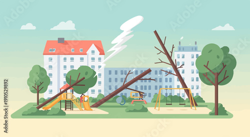 Fallen trees on playground after storm, buildings, and sky