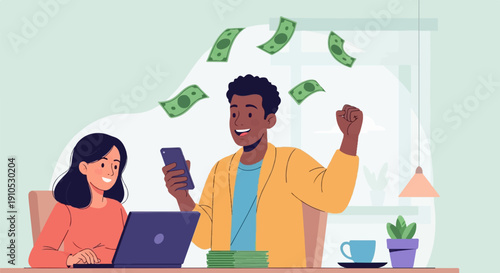 Excited man and woman celebrating success, with money raining down