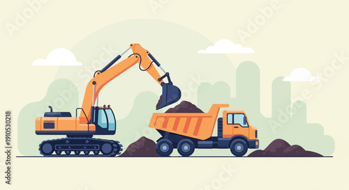 Excavator loads dirt into a dump truck on a light background