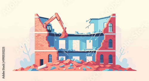 Excavator demolishing a multi-story brick and blue building, creating rubble