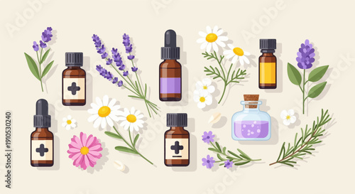 Essential oils in dropper bottles with lavender, chamomile, and rosemary