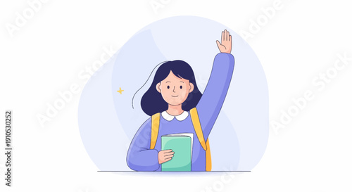 Enthusiastic student with open book and raised hand ready to learn