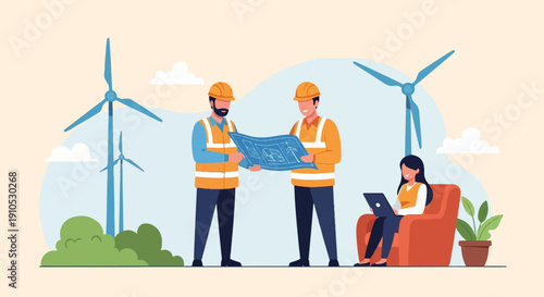 Engineers discuss wind turbine blueprints with woman on laptop at renewable energy site