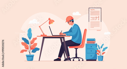 Engineer working at a desk with laptop, plans, and potted plants