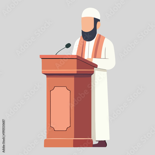 A bearded man in traditional attire stands at a wooden podium with a microphone, delivering a sermon or speech