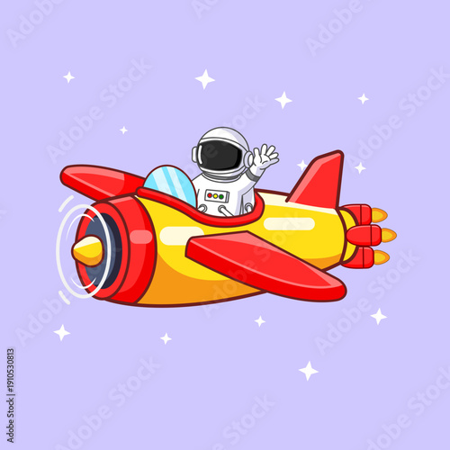 Cute Spaceman Pilot Waving from a Red and Yellow Plane Vector Illustration Cartoon Design