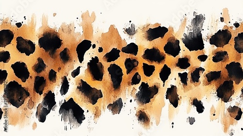 watercolor animal print pattern of irregular black and brown spots with ink splatters and brushstrokes on white background, bold energetic wild mood