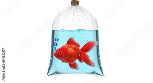 Goldfish in a clear plastic bag with blue water and bubbles