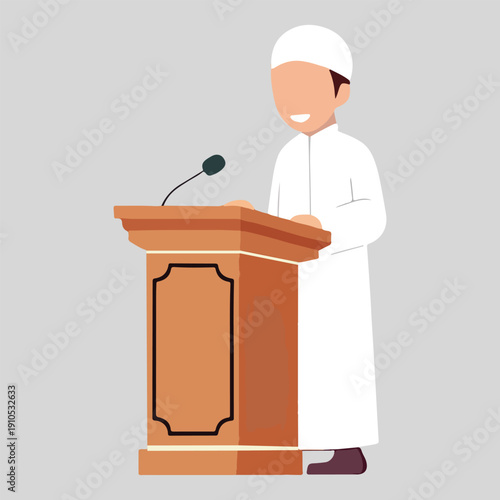 A man in white robes stands at a wooden podium with a microphone, giving a speech or sermon, ustad 4.eps reference