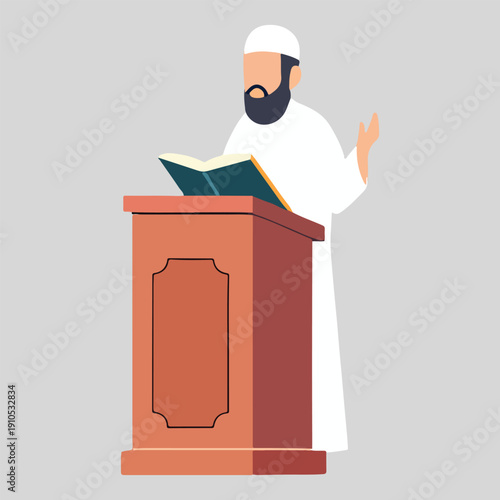 Illustration of a bearded man in white robes standing behind a wooden podium holding a book and gesturing with his hand