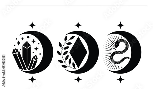 Mystical Celestial Icons: Moon, Crystals, Snake, and Diamond Designs