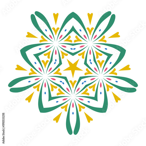 Abstract kaleidoscope floral pattern. Symmetrical vector ornament with a central star in green, yellow, pink, and blue