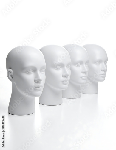 Wallpaper Mural Row of four identical white mannequin heads, facing right, on a clean white surface Torontodigital.ca