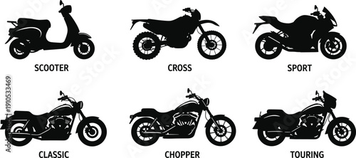 Black motorcycle silhouettes set featuring scooter cross sport classic chopper and touring bike icons isolated on white background for web design and automotive graphics