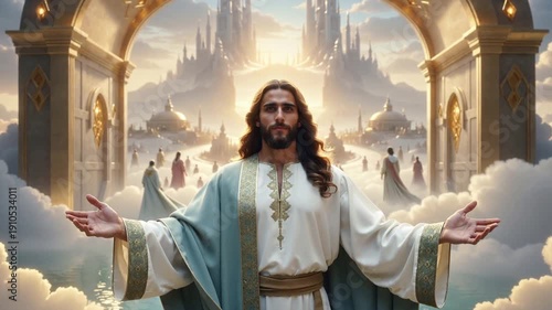 Jesus stands with open arms in a heavenly landscape near shining buildings and bright skies