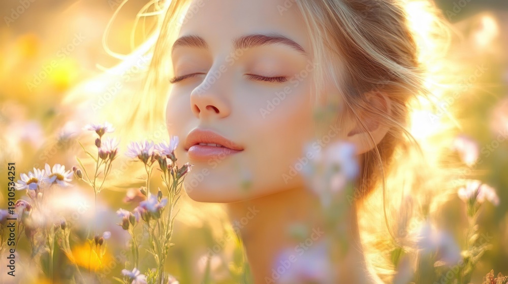 Fototapeta premium young woman with glowing blonde hair in a sunlit wildflower meadow, soft bokeh and warm golden-hour glow conveying dreamy peaceful tranquility